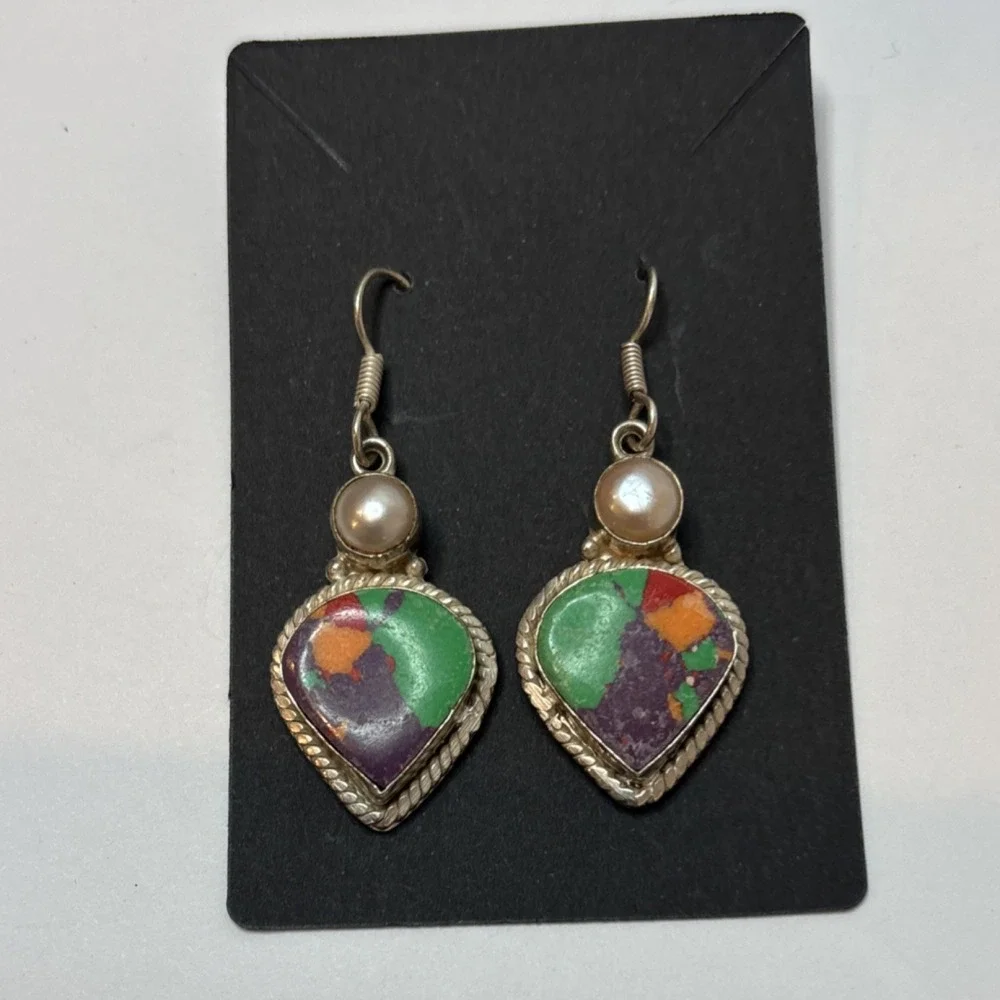 Handcrafted Multicolor Teardrop Dangle Earrings Silver Hook Pearl Accent